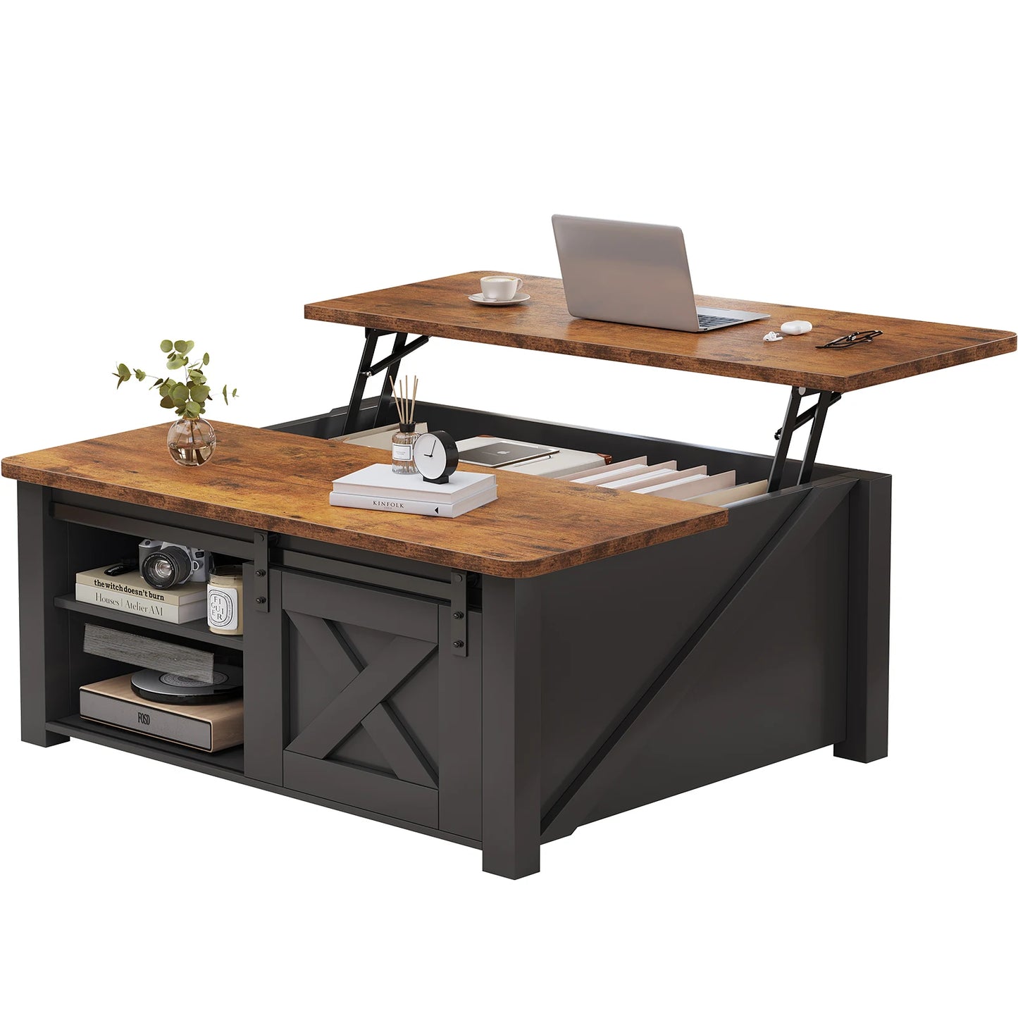 MCQ Wood Lift Top Coffee Table With Adjustable Storage Shelf