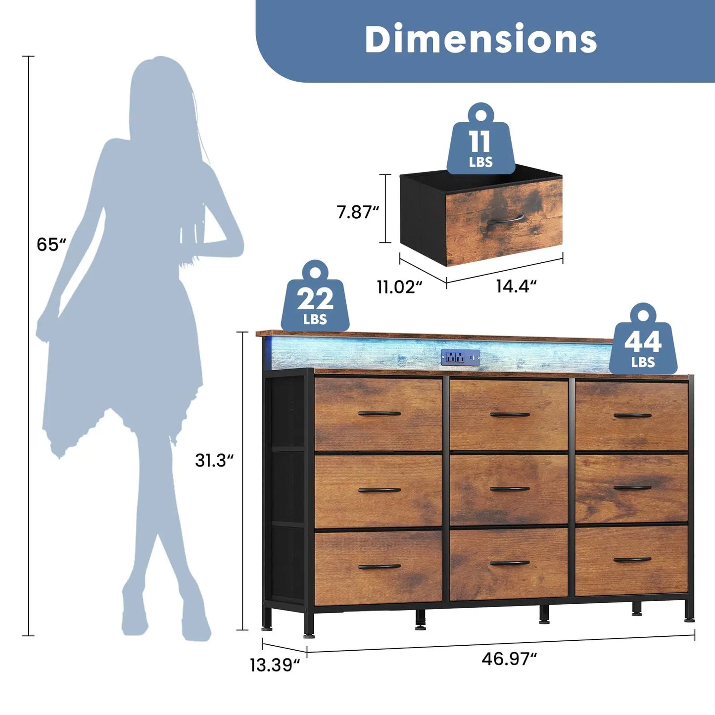 JHK TV Stand Dresser With Nine Fabric Drawers Wood Top