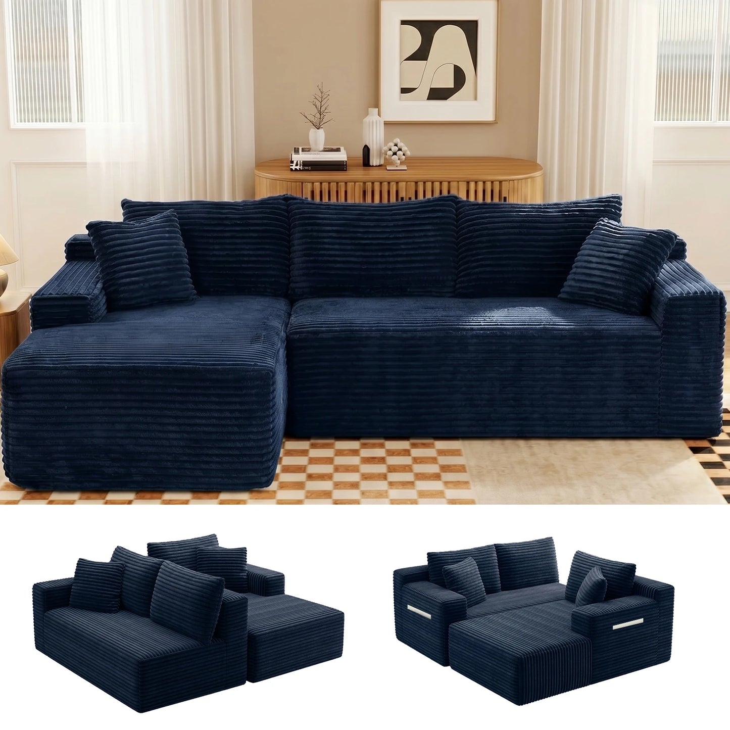 Corduroy Modular Sectional Sofa L Shape Chaise For Living Room