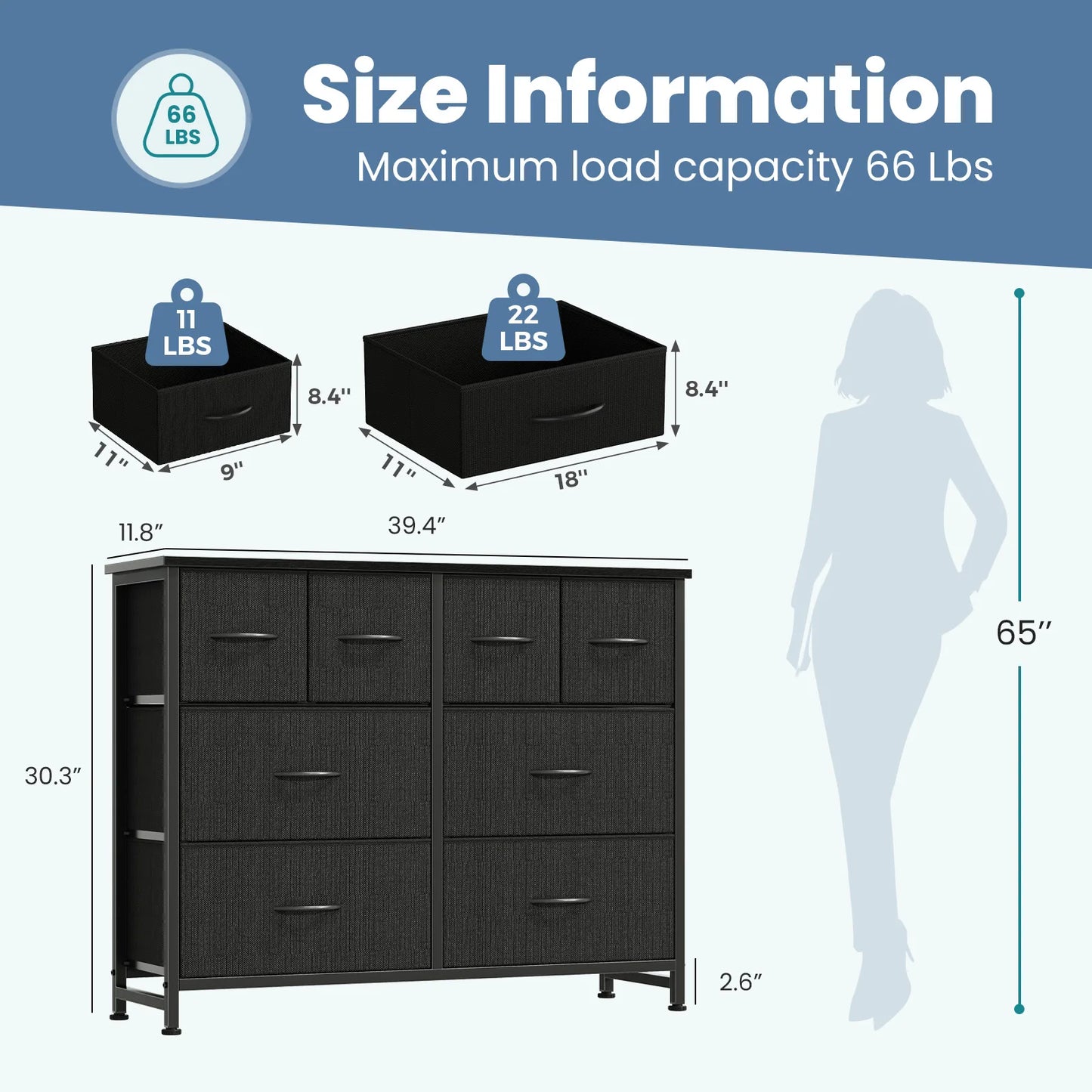 JHK Fabric Drawers Dresser With Wood Top And Metal Frame Storage Tower