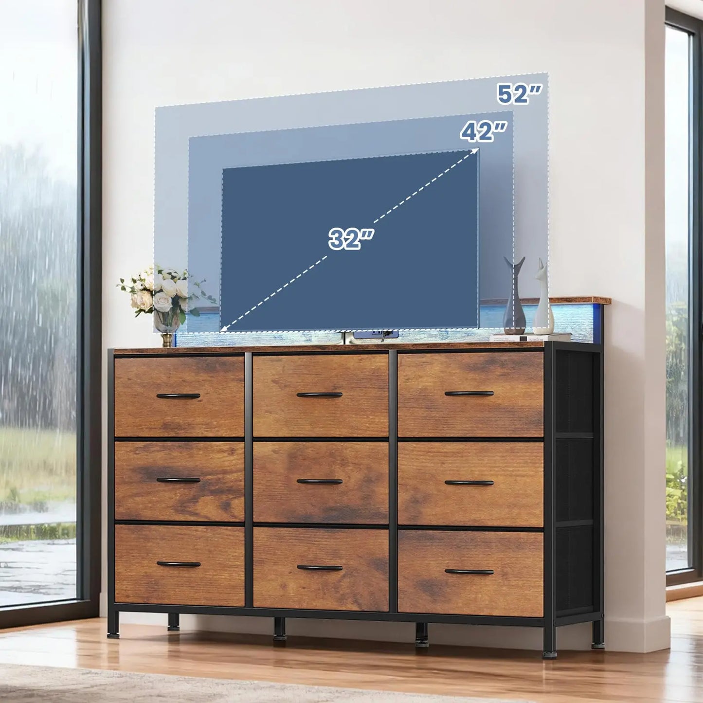 JHK TV Stand Dresser With Nine Fabric Drawers Wood Top