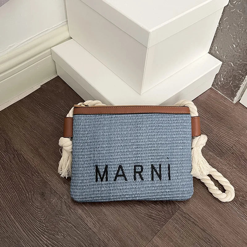 Minimalist Straw Crossbody Bag With Thick Rope Strap Embroidery
