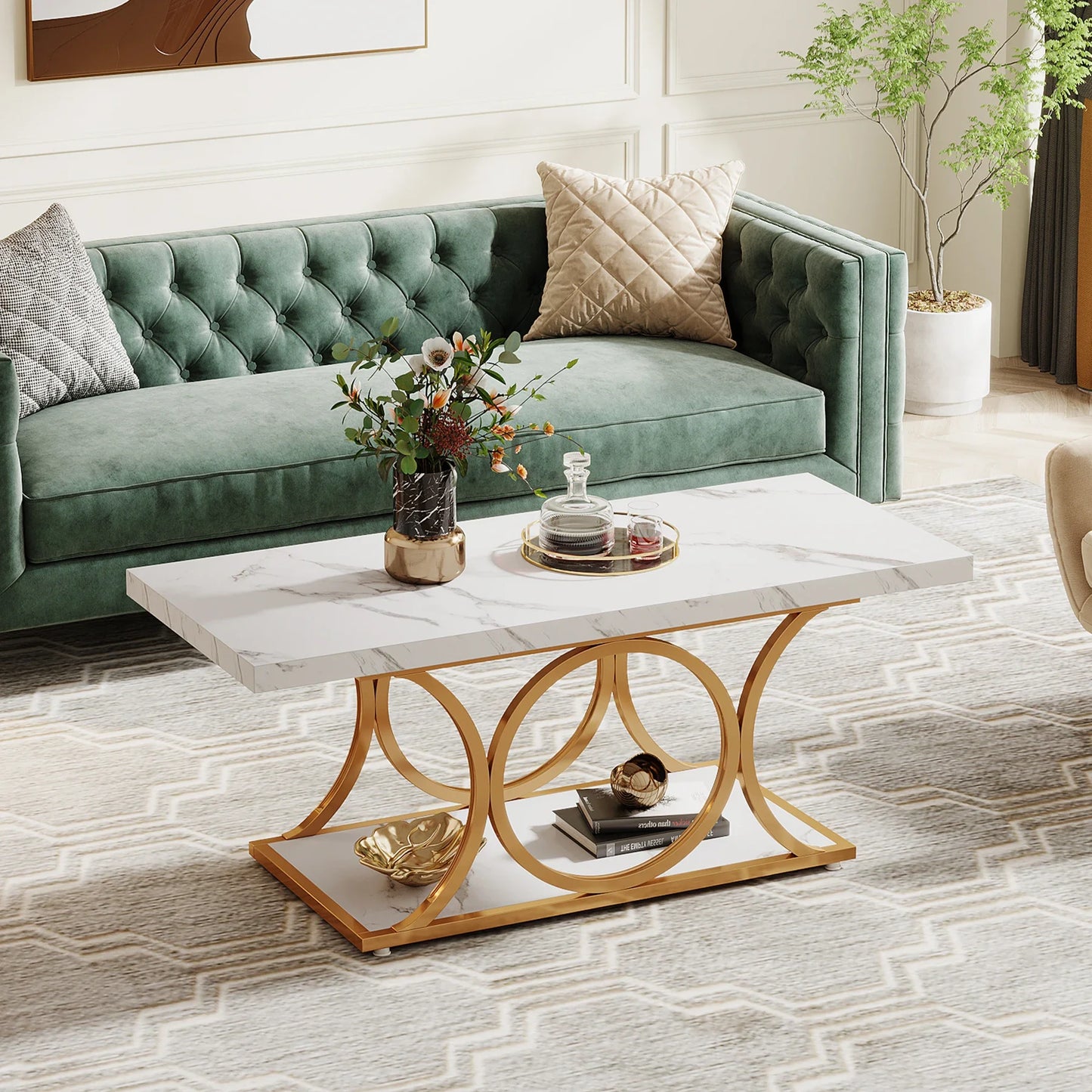 Tribesigns Rectangle Coffee Table Two Tier Faux Marble Wood