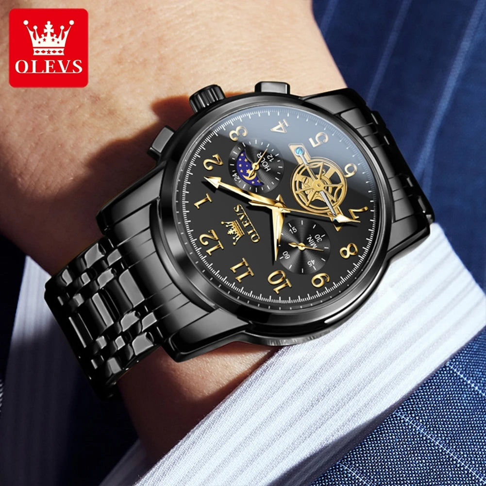 OLEVS Moon Phase Watch For Men Stainless Steel Chronograph