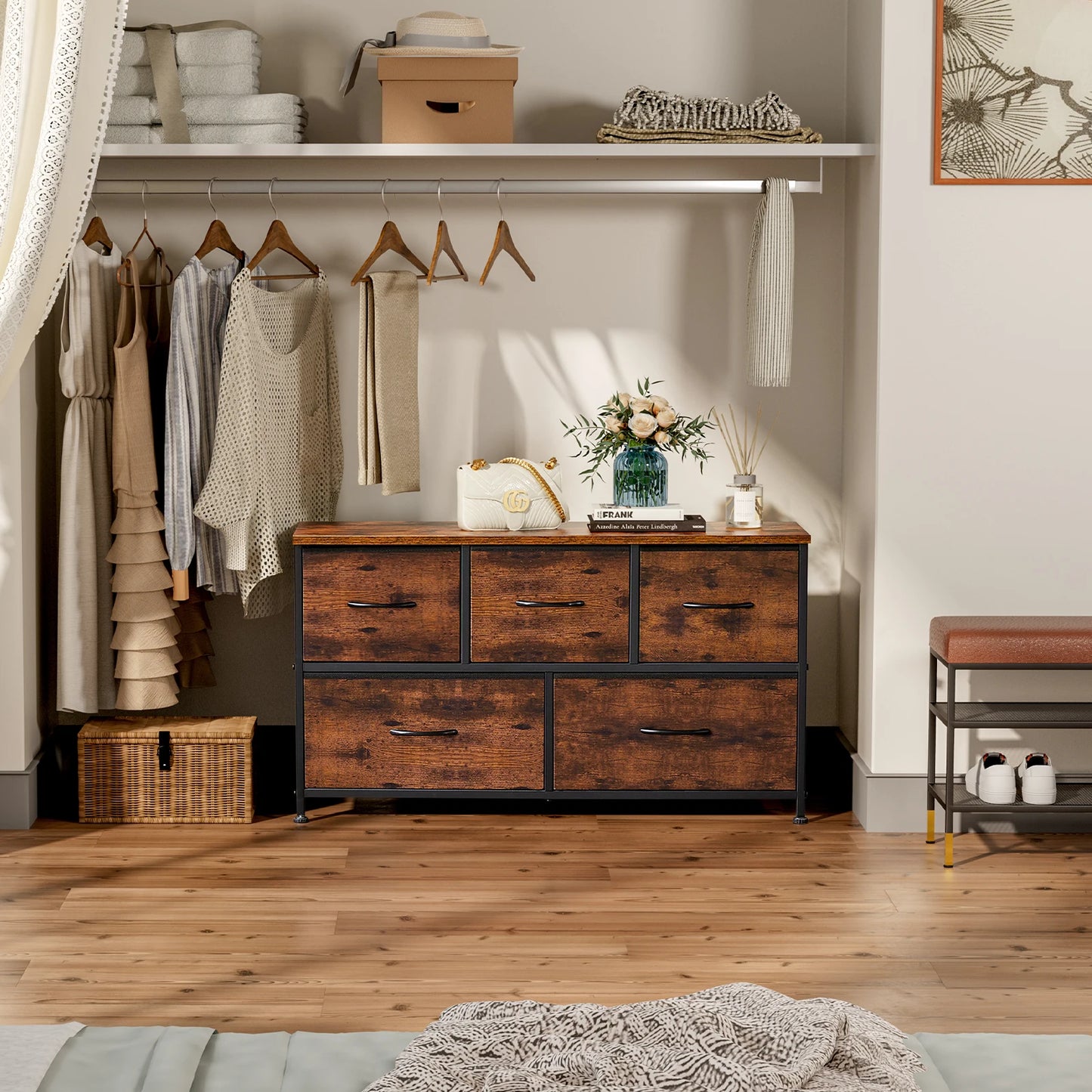 JHK Living Room Display Cabinet Wardrobe Steel Frame With Fabric Drawers