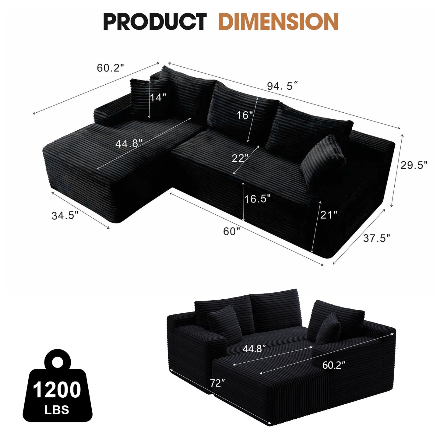 Corduroy Modular Sectional Sofa L Shape Chaise For Living Room