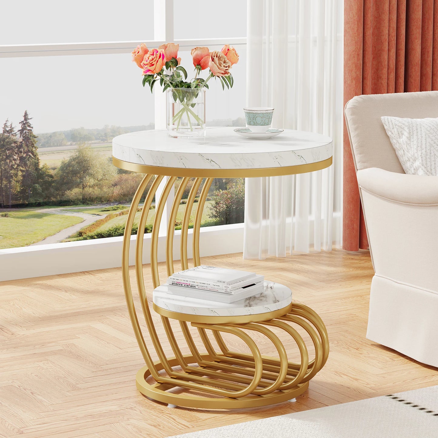 Tribesigns Round End Table Two Tier Faux Marble Shelf Nightstand