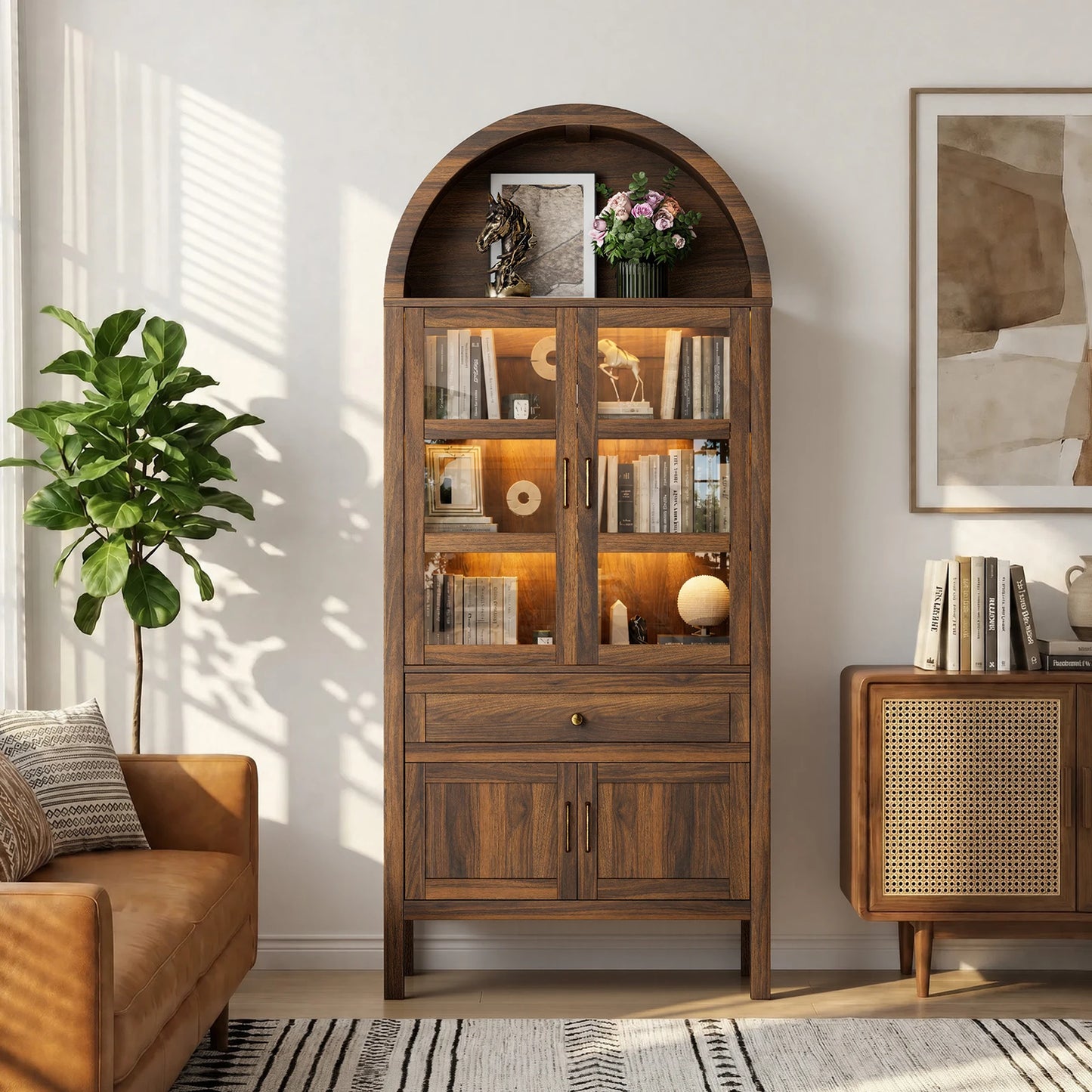 Cottinch Arched Wood Storage Cabinet With Dimmable LEDs And Adjustable Shelves