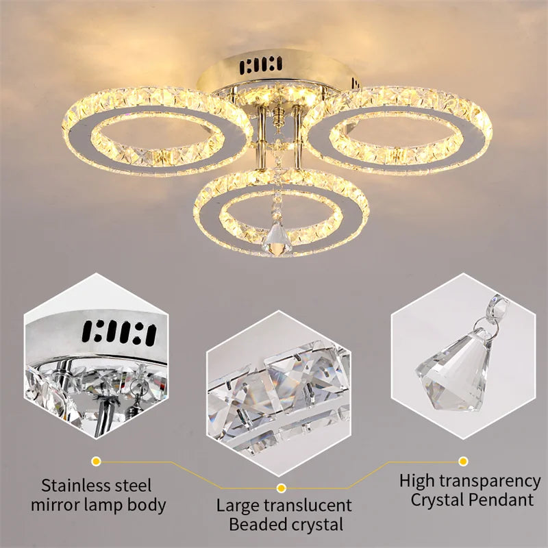 GreeLustr Modern Pendant Light LED Crystal Ring Ceiling Lamp