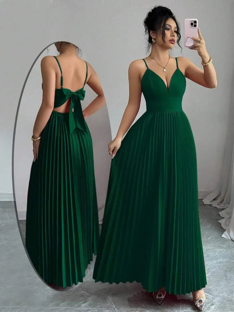 Pleated Floor Length Prom Dress With V Neck Spaghetti Straps Crepe
