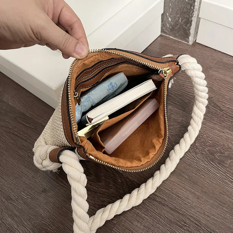 Minimalist Straw Crossbody Bag With Thick Rope Strap Embroidery