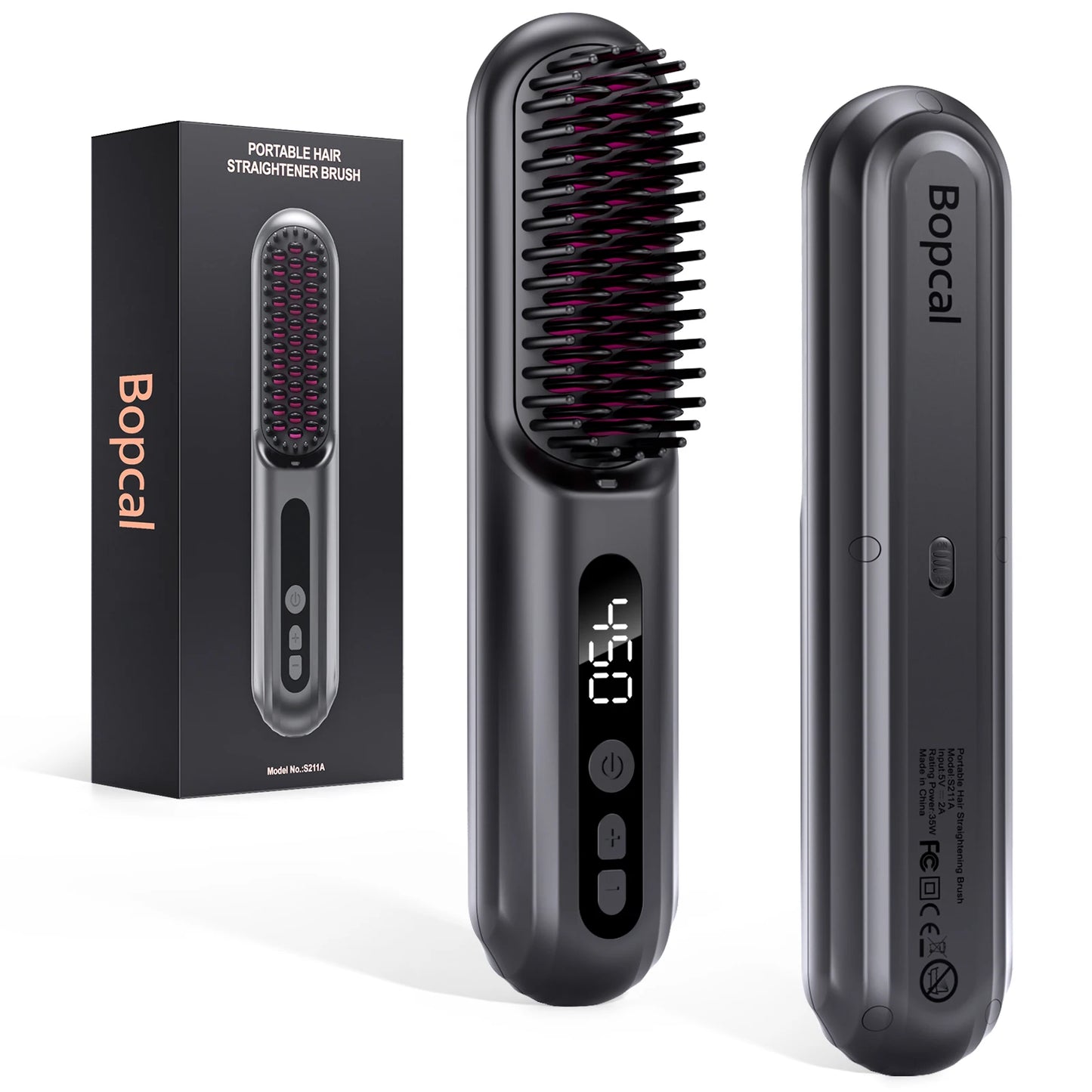 BOPCAL Cordless Hair Straightener Brush Negative Ions LED Display