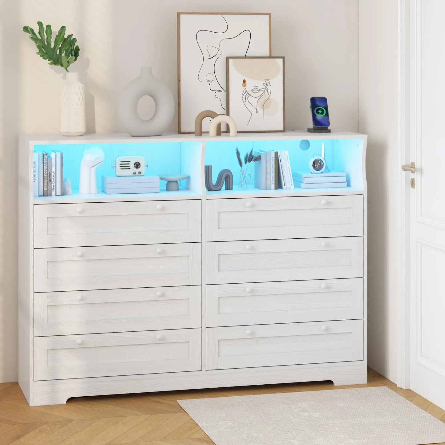 HiMISS 8 Drawer Dresser With LED Lights Charging Station TV Stand Open Shelves