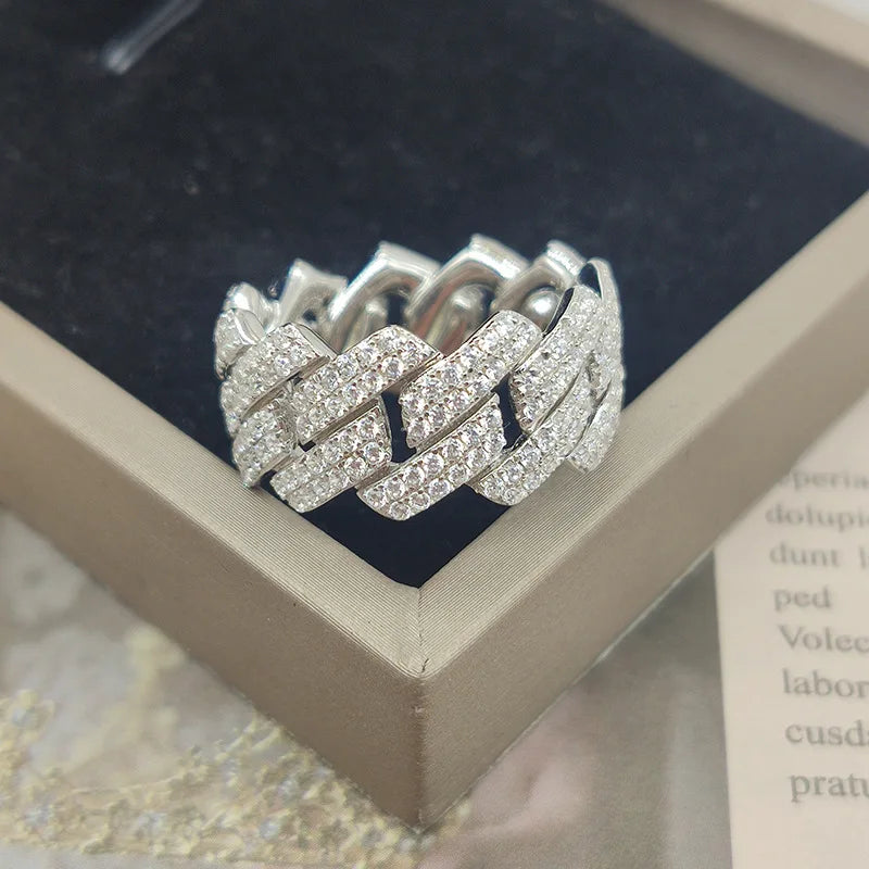 LYEE CYEE S925 Sterling Silver Moissanite Hip Hop Cuban Ring Unisex Jewelry