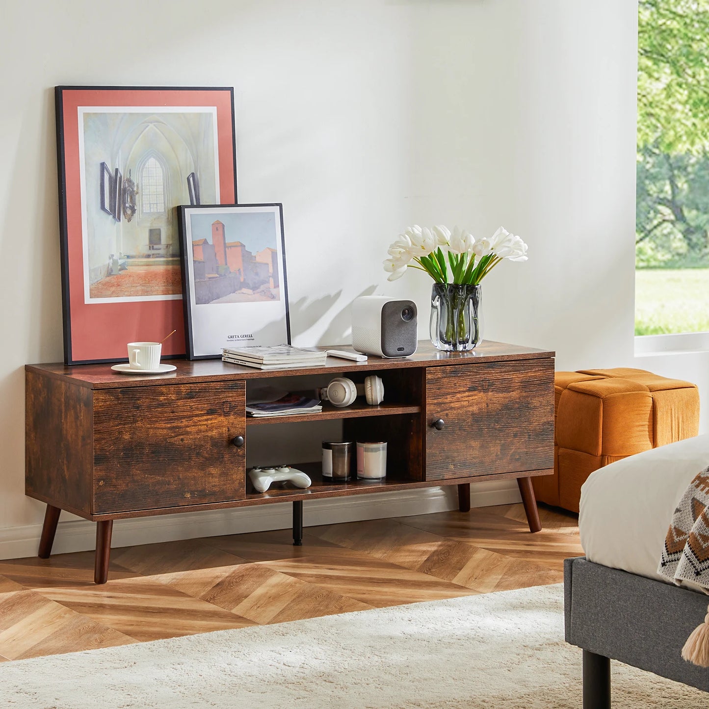 JHK Wooden Fireplace TV Stand Entertainment Center With Adjustable Shelf