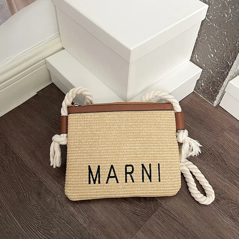 Minimalist Straw Crossbody Bag With Thick Rope Strap Embroidery