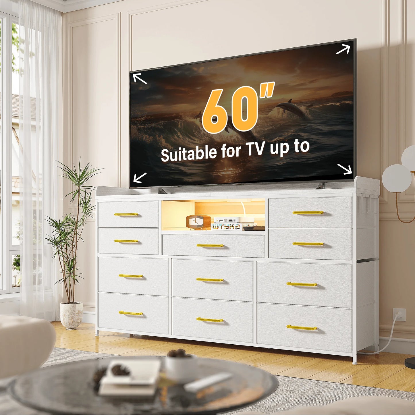 TV Stand With 11 Drawers LED Lighting Shelves And Power Outlets