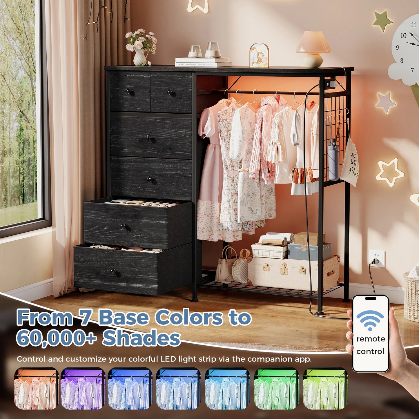 JHK Six Drawer Fabric Dresser With Hanging Rack And LED Lights