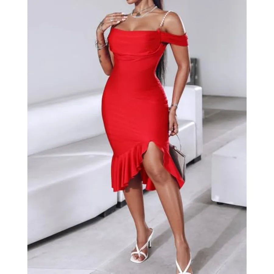 Womens Bodycon Party Dress Off The Shoulder Pearls Strap Midi Dress