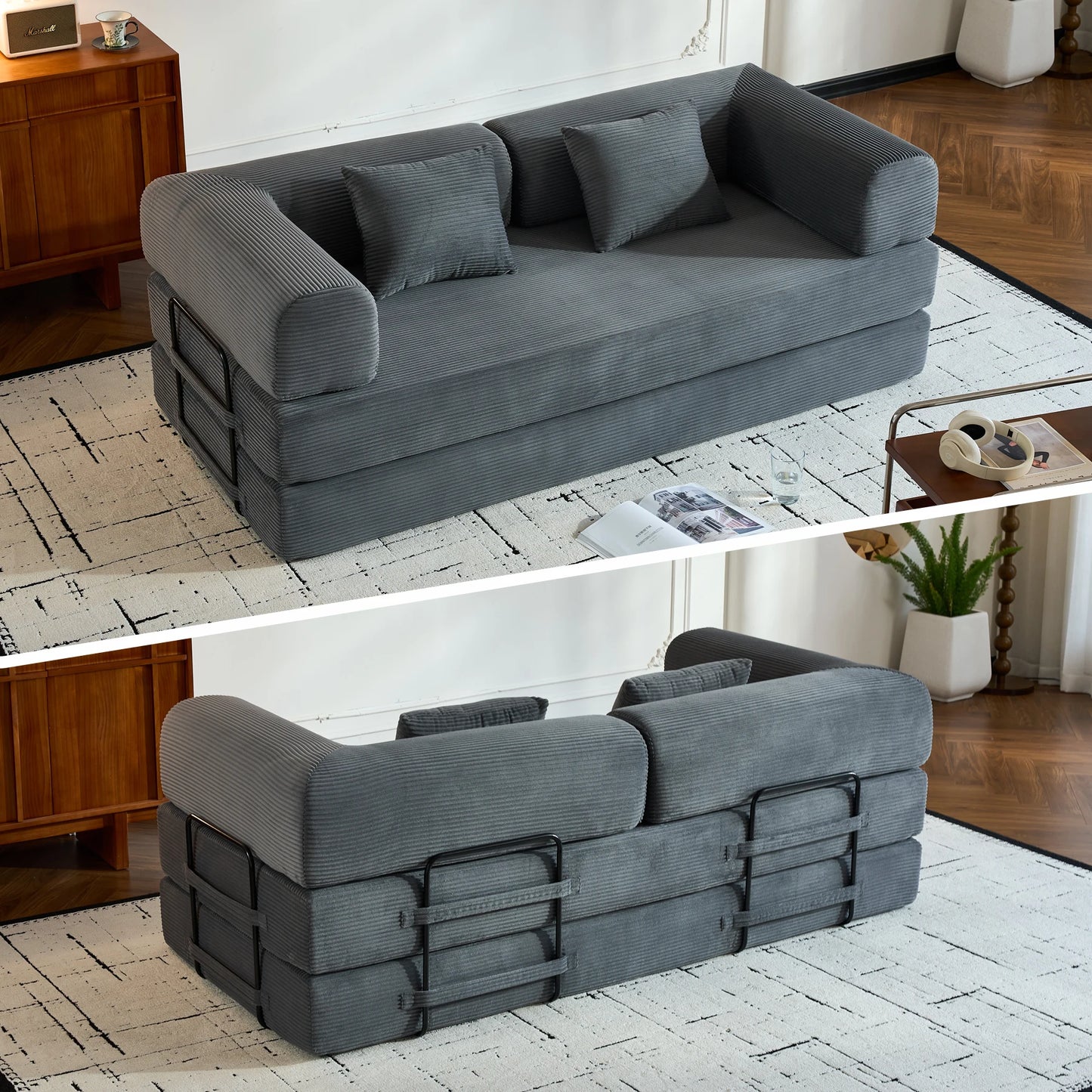 THOLASIS Folding Convertible Sofa Bed Corduroy Futon for Small Spaces