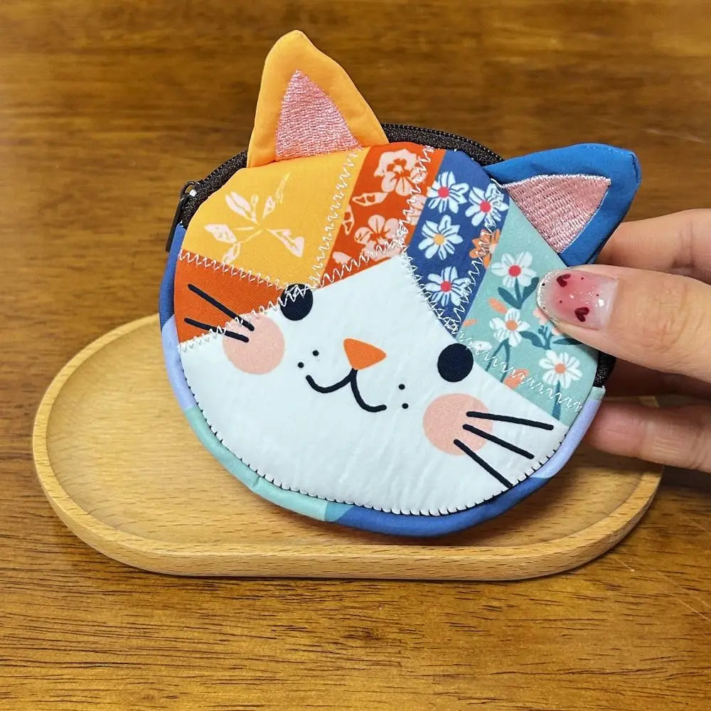 Waterproof Patchwork Cat Coin Purse With Zipper Makeup Bag Canvas