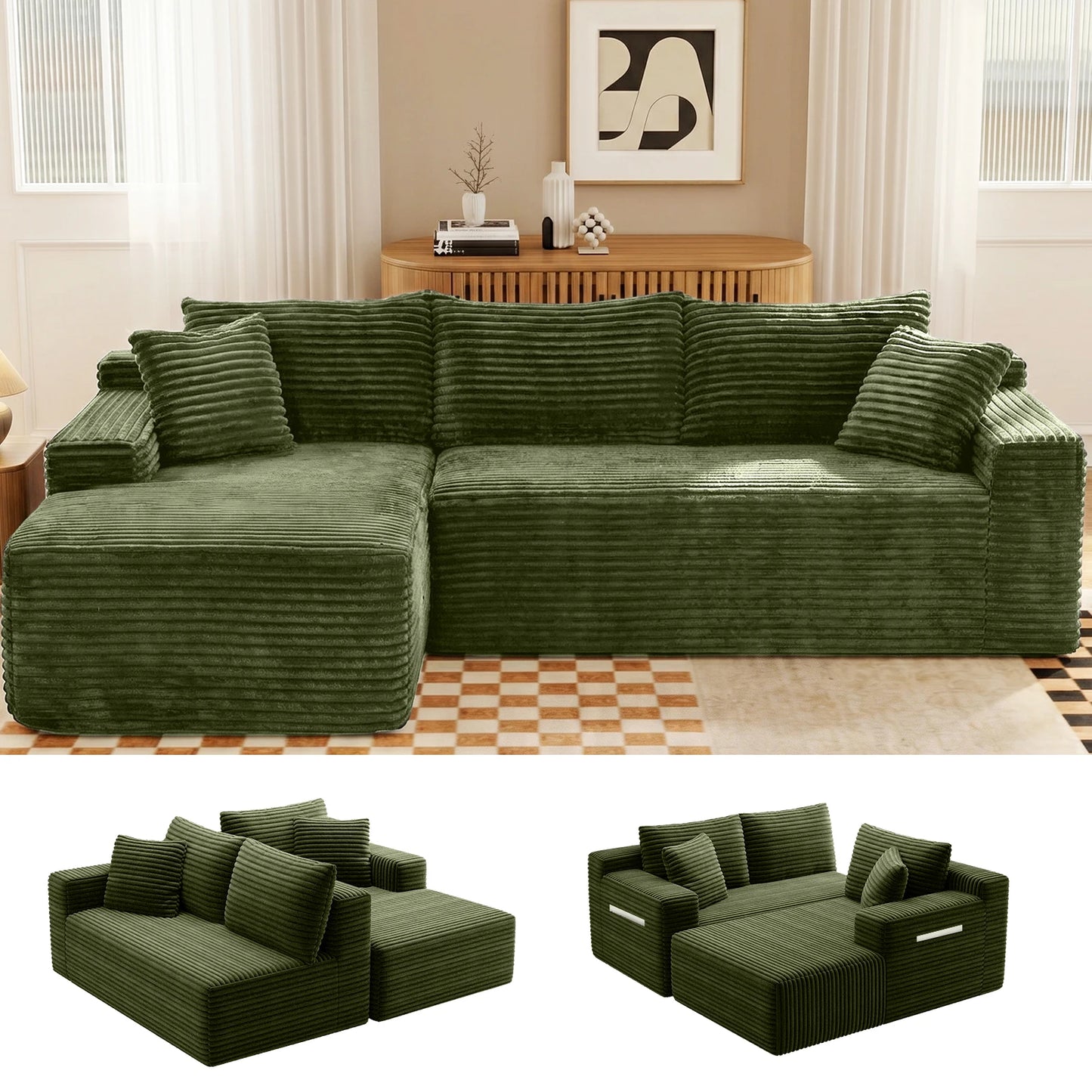 Corduroy Modular Sectional Sofa L Shape Chaise For Living Room