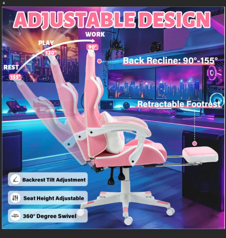 VIGOSIT Ergonomic Computer Chair With Footrest Headrest Cat Ears Massage Lumbar