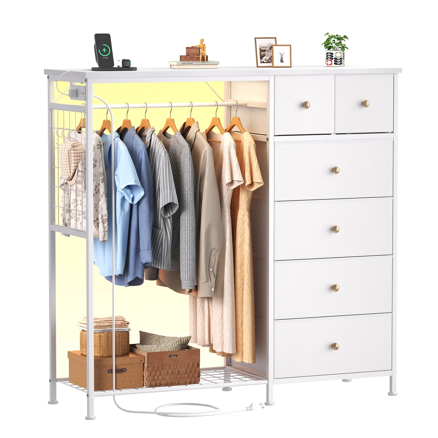 JHK Six Drawer Fabric Dresser With Hanging Rack And LED Lights