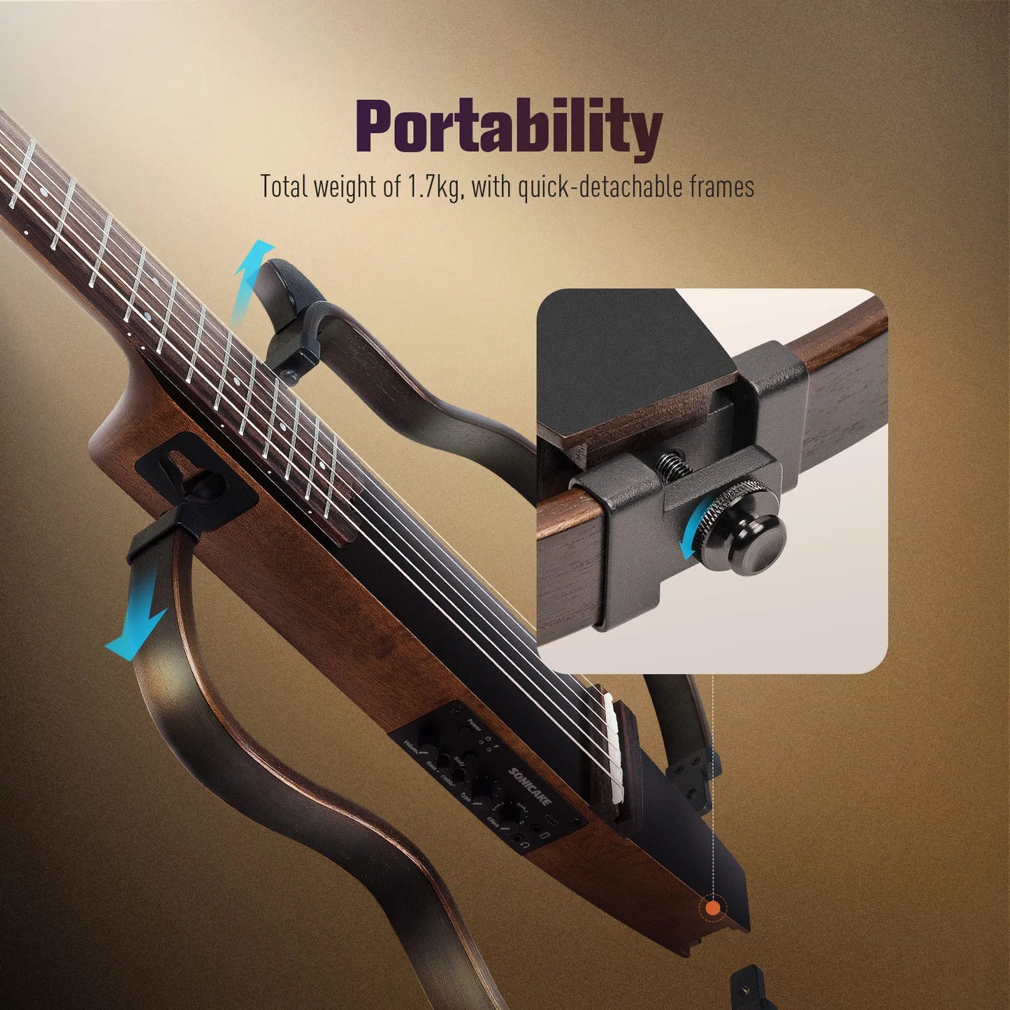 SonicaKe Silent Acoustic Electric Travel Guitar With Rechargeable Preamp