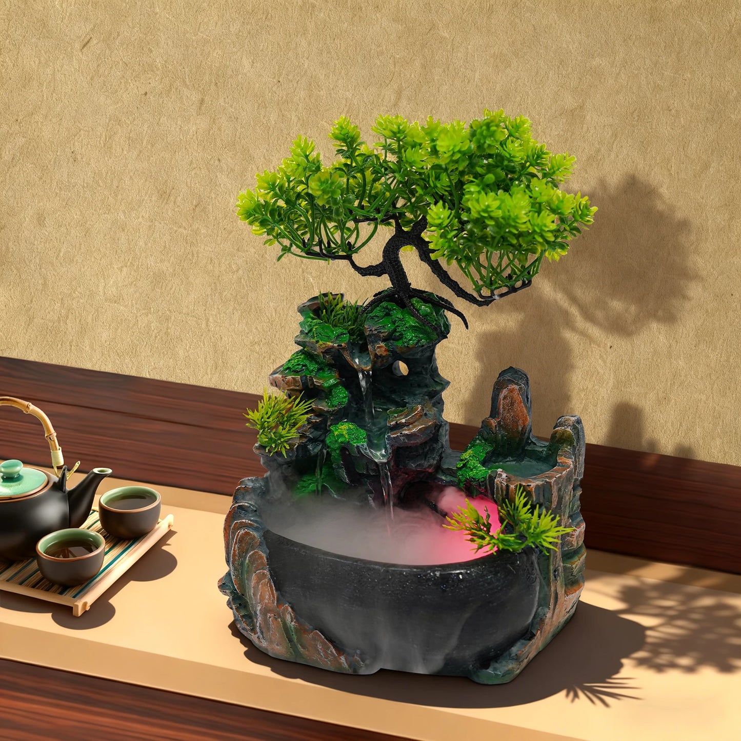 Tabletop Rockery Fountain With LED Light And Pump For Desk