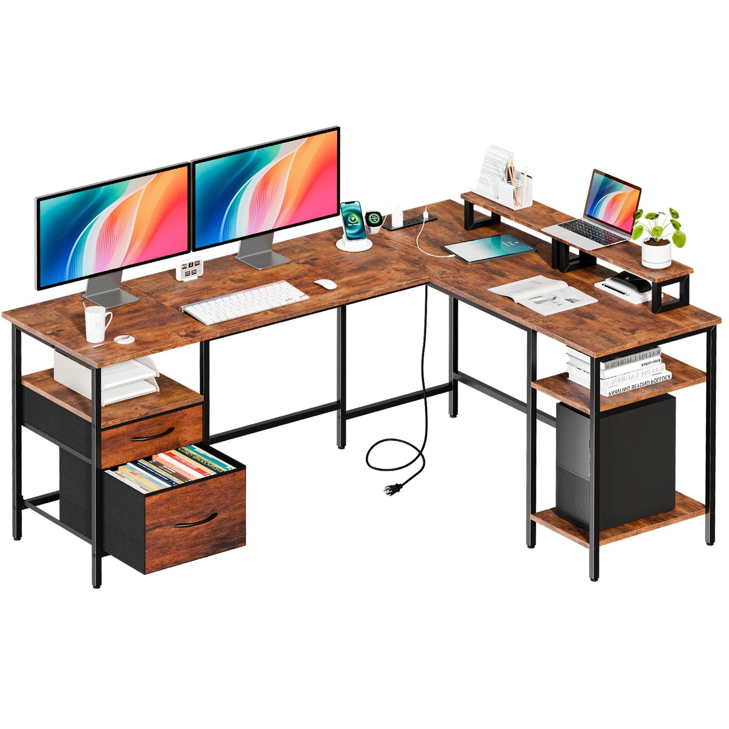 JHK L Shaped Desk With Two Drawers And Charging Station