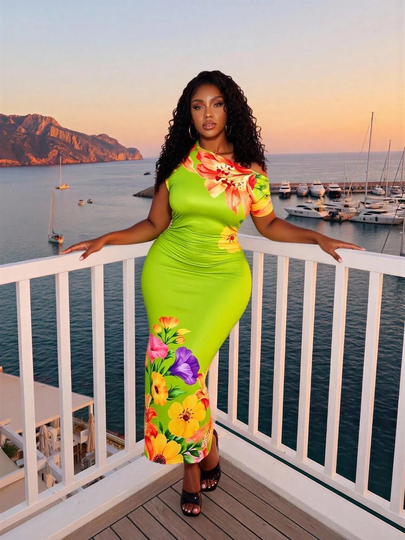 Vibrant Tropical Floral Maxi Dress With Asymmetrical Shoulder Ruched Waist