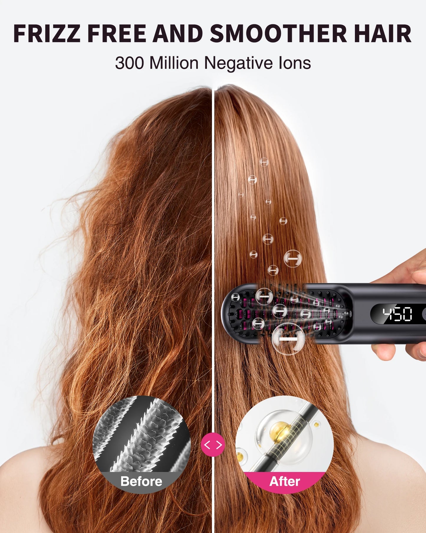 BOPCAL Cordless Hair Straightener Brush Negative Ions LED Display
