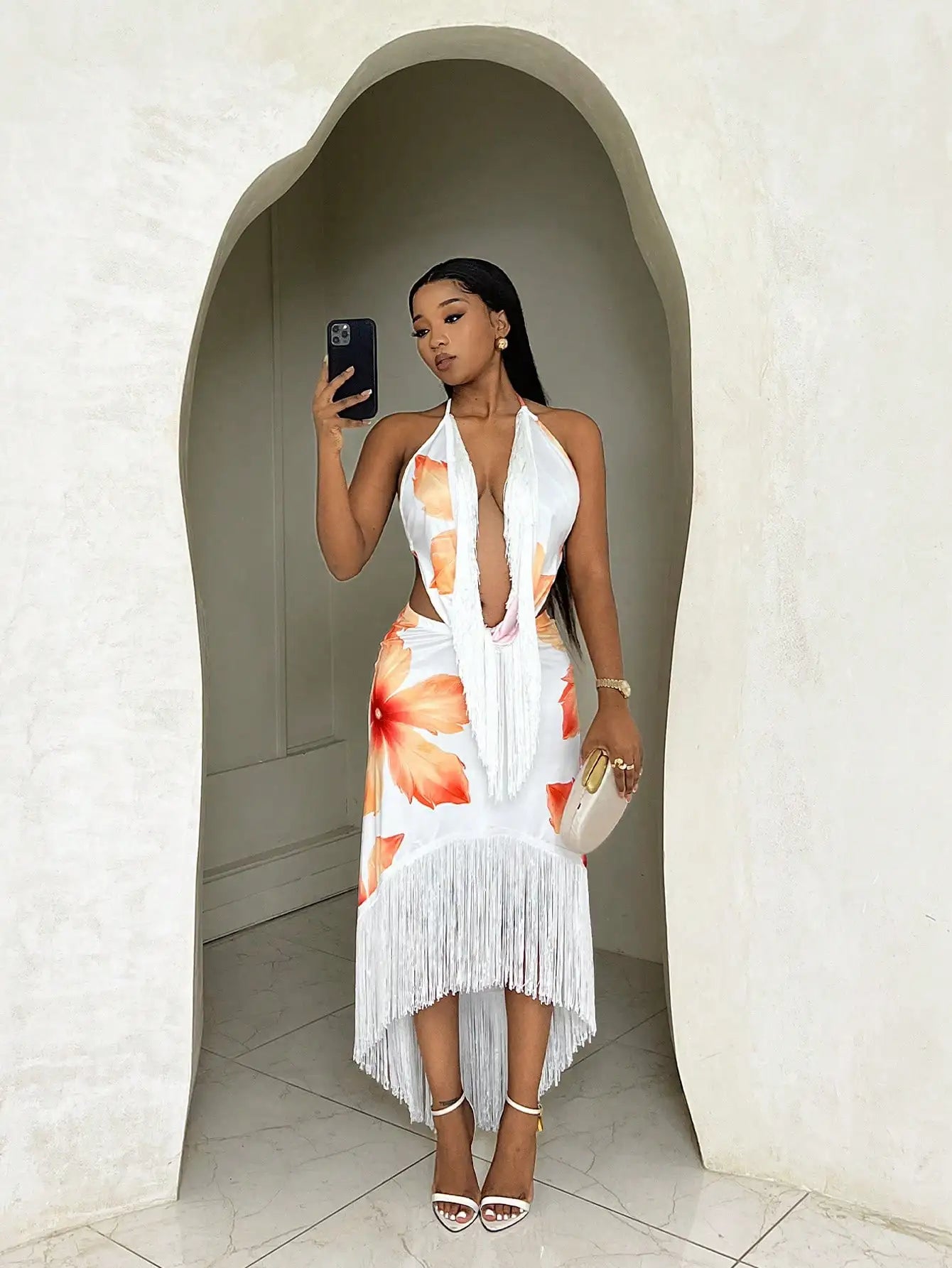 Floral Print Halter Tie Backless Tassel Midi Dress For Women