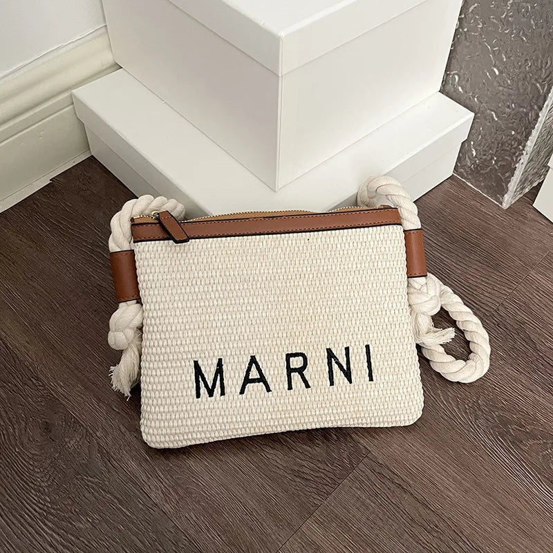 Minimalist Straw Crossbody Bag With Thick Rope Strap Embroidery