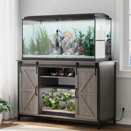 Farmhouse Aquarium Stand With Storage Cabinet And Power Outlet