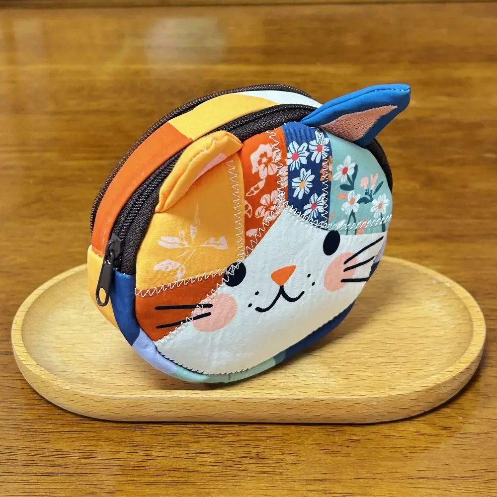 Waterproof Patchwork Cat Coin Purse With Zipper Makeup Bag Canvas