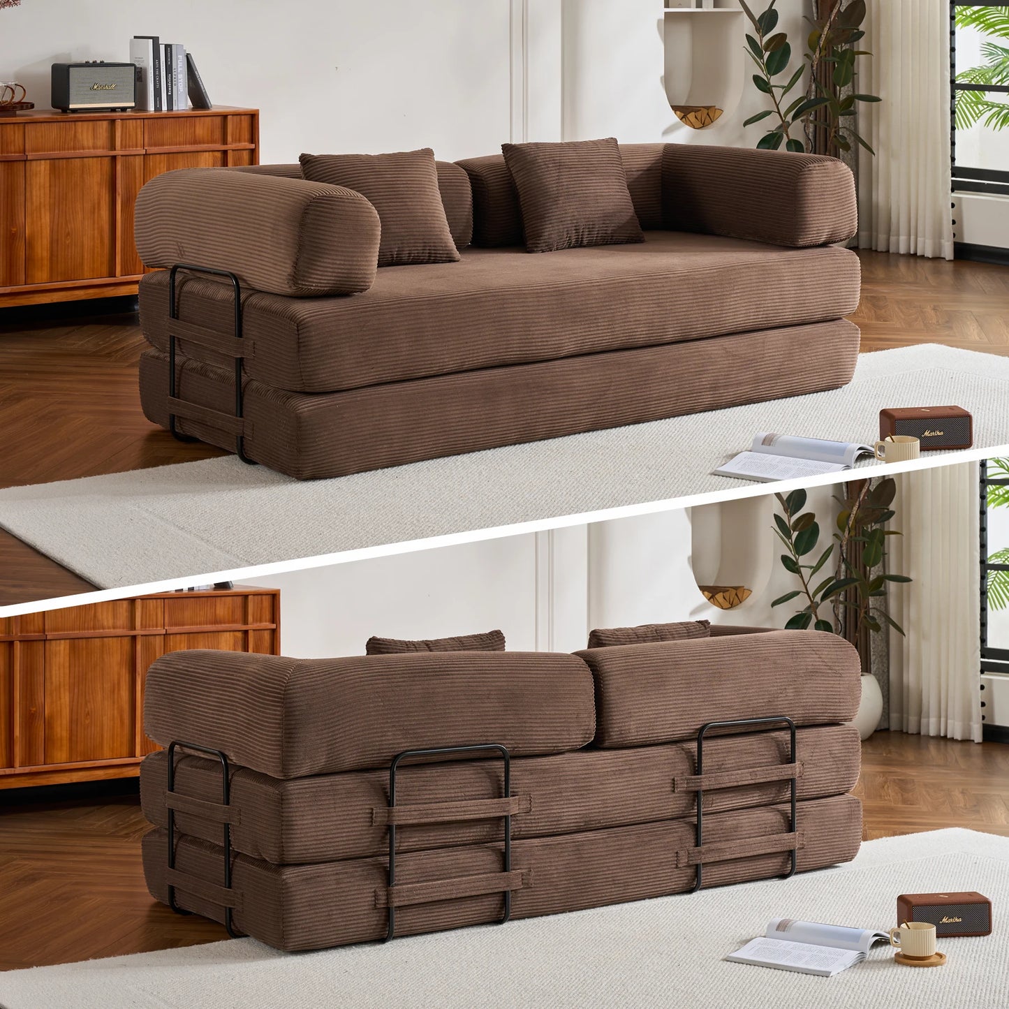 THOLASIS Folding Convertible Sofa Bed Corduroy Futon for Small Spaces