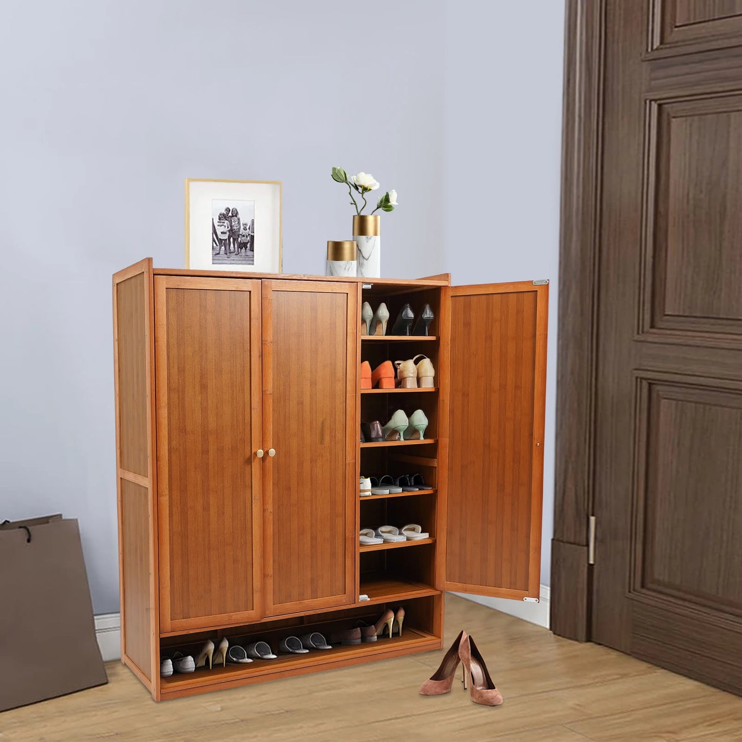Natural Bamboo Shoe Cabinet With 3 Folding Doors 30 Pairs