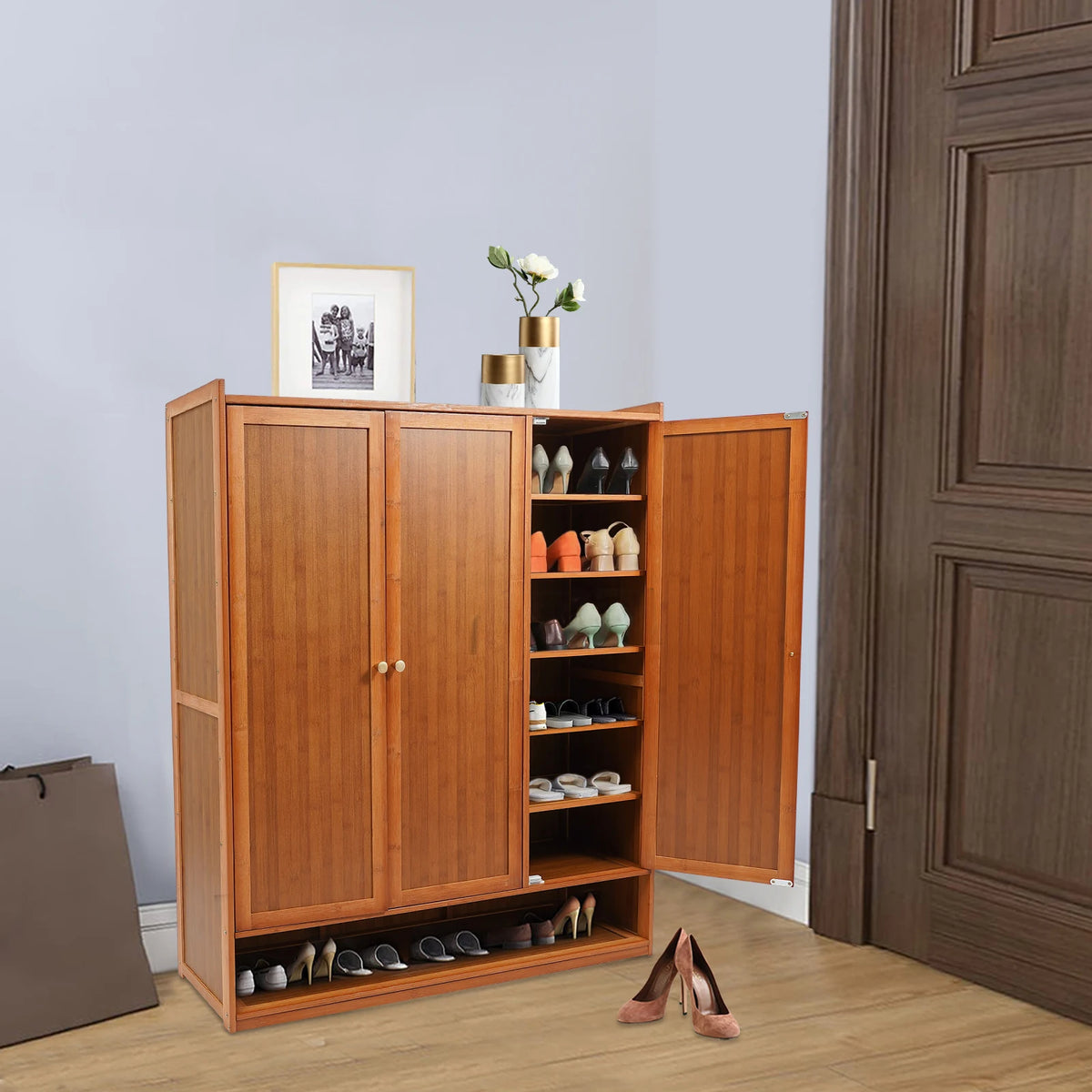 Bamboo Shoe Cabinet With Folding Doors And Removable Storage Shelves