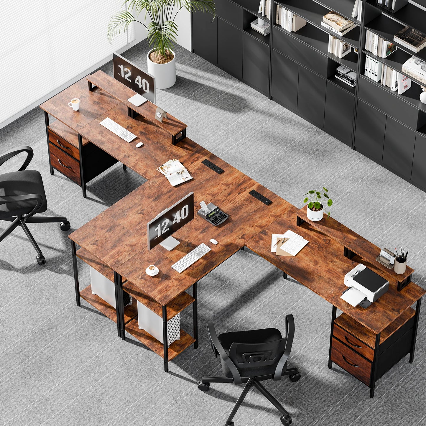 JHK L Shaped Desk With Two Drawers And Charging Station