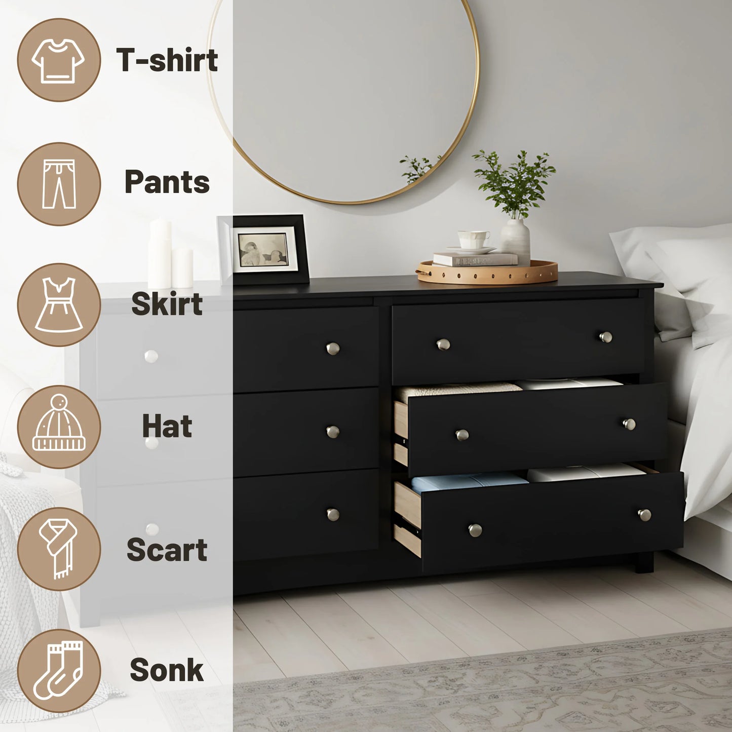 JHK Modern Wood Dresser Cabinet With Six Drawers Living Room