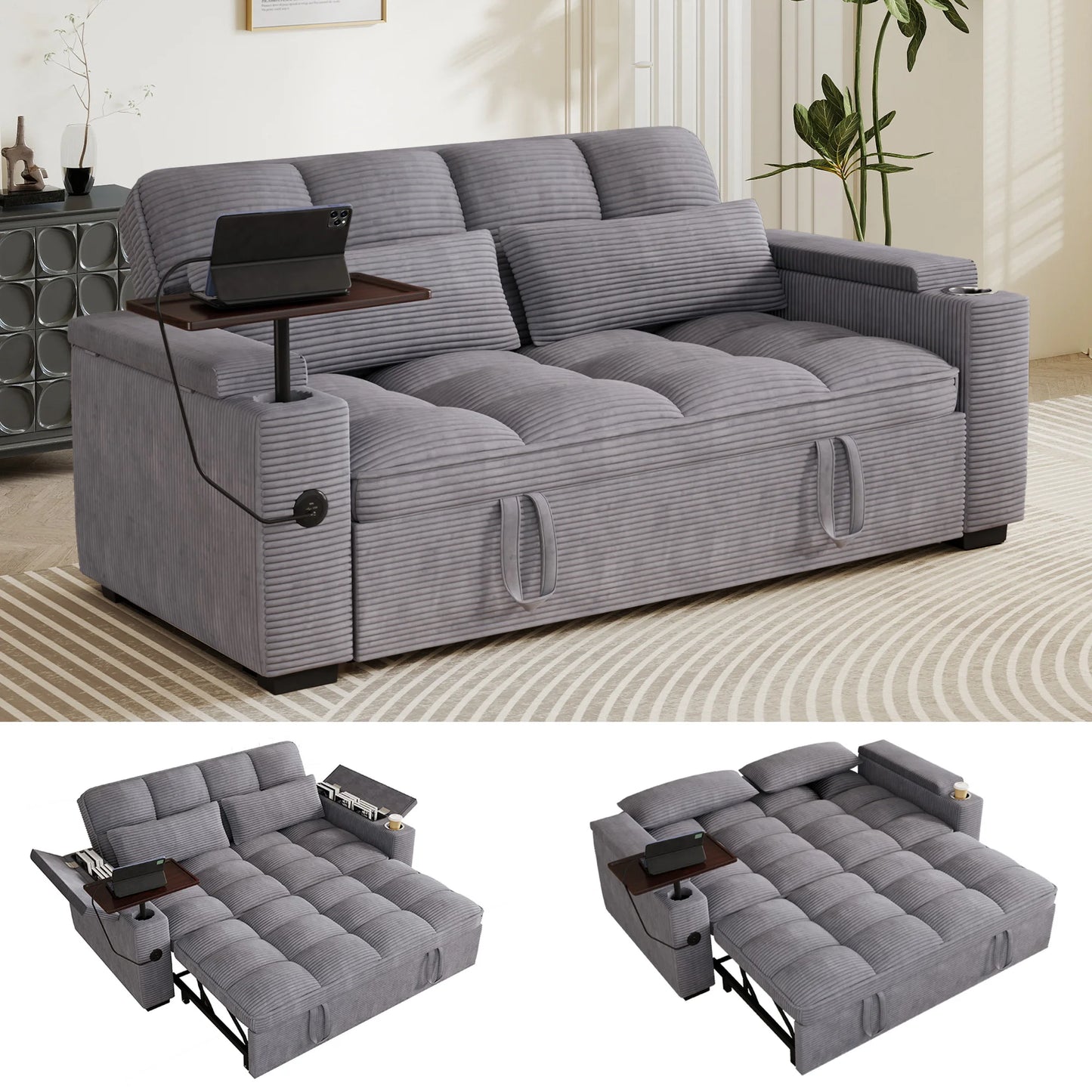 65 Inch Folding Convertible Sofa Bed With 360 Swivel Table