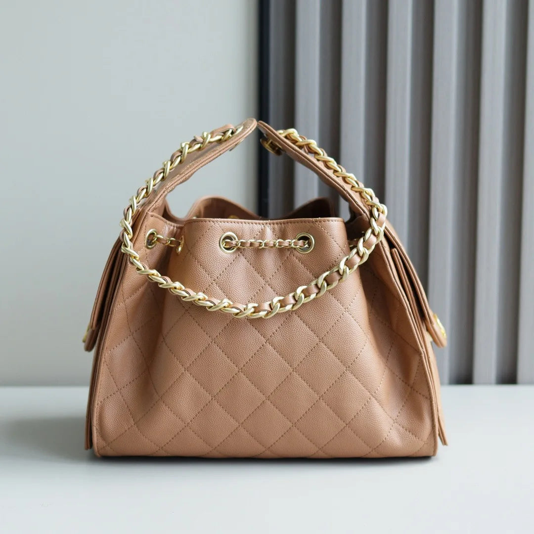 Women's Quilted Shoulder Bag With Chain Handle Faux Leather Tote