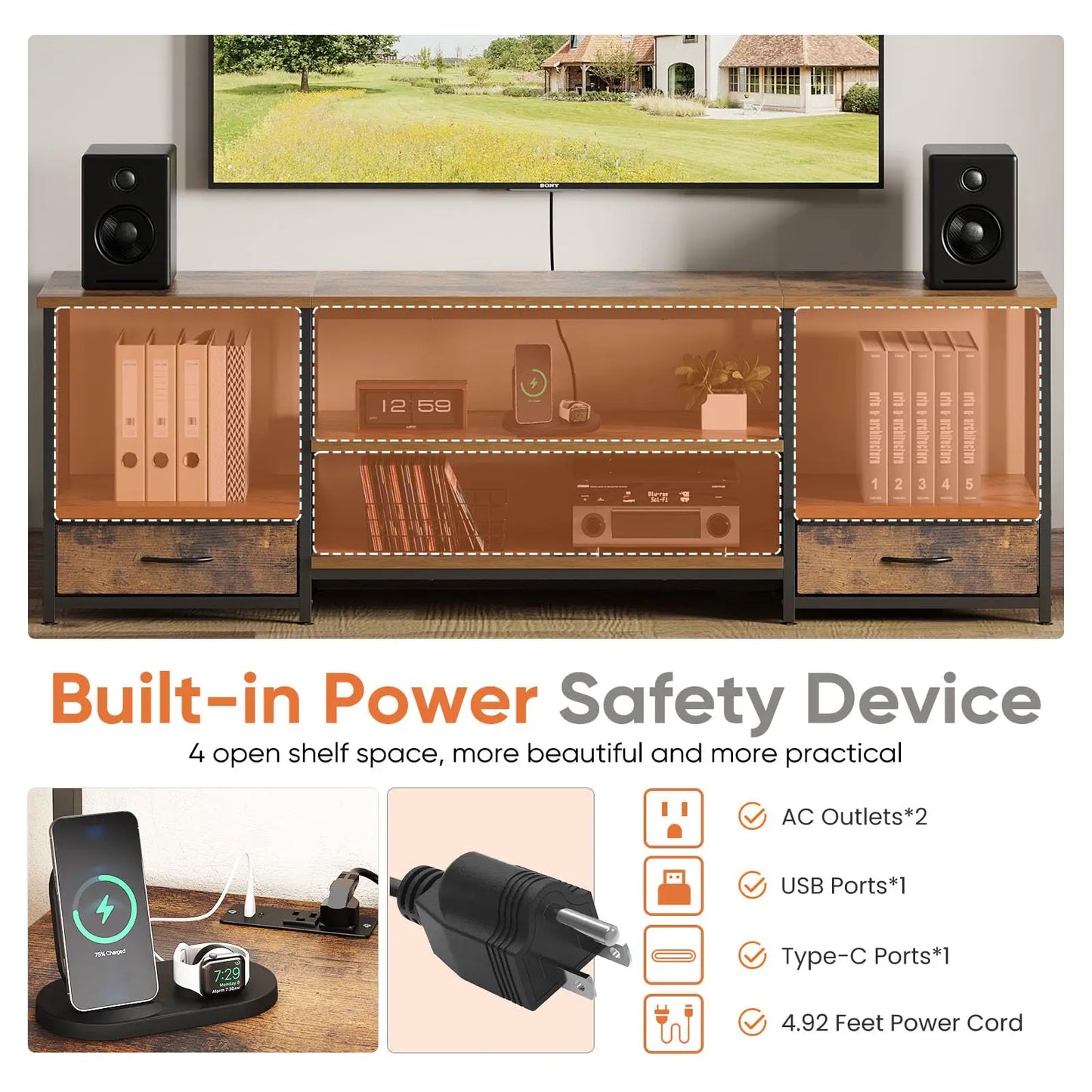 JHK Wooden TV Stand Entertainment Center With Adjustable Shelves Storage