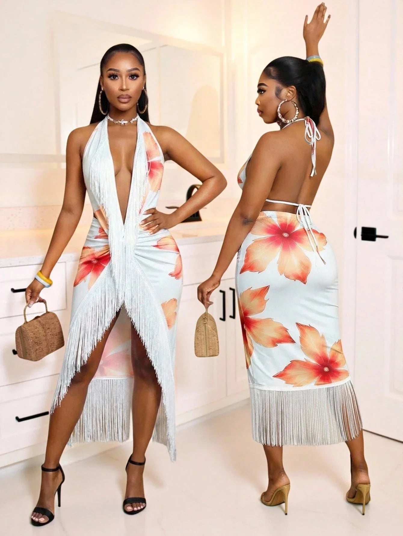 Floral Print Halter Tie Backless Tassel Midi Dress For Women