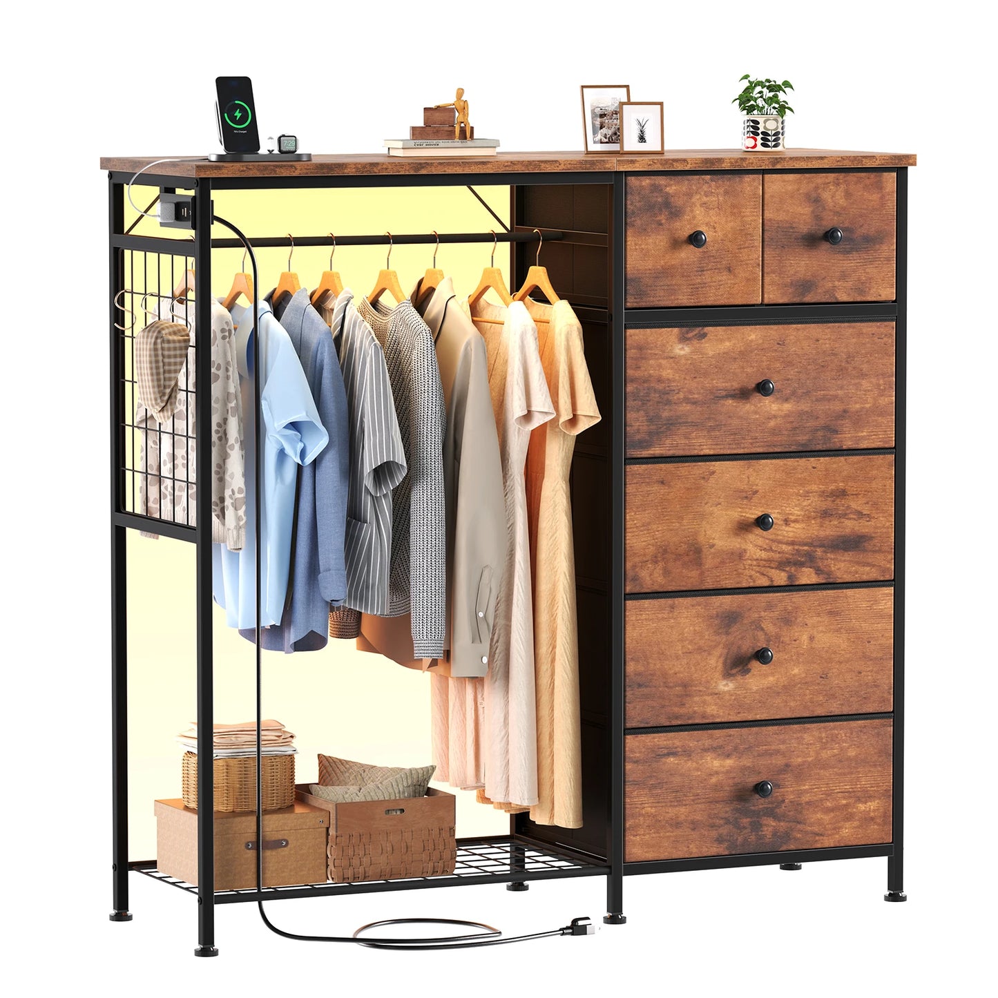 JHK Six Drawer Fabric Dresser With Hanging Rack And LED Lights