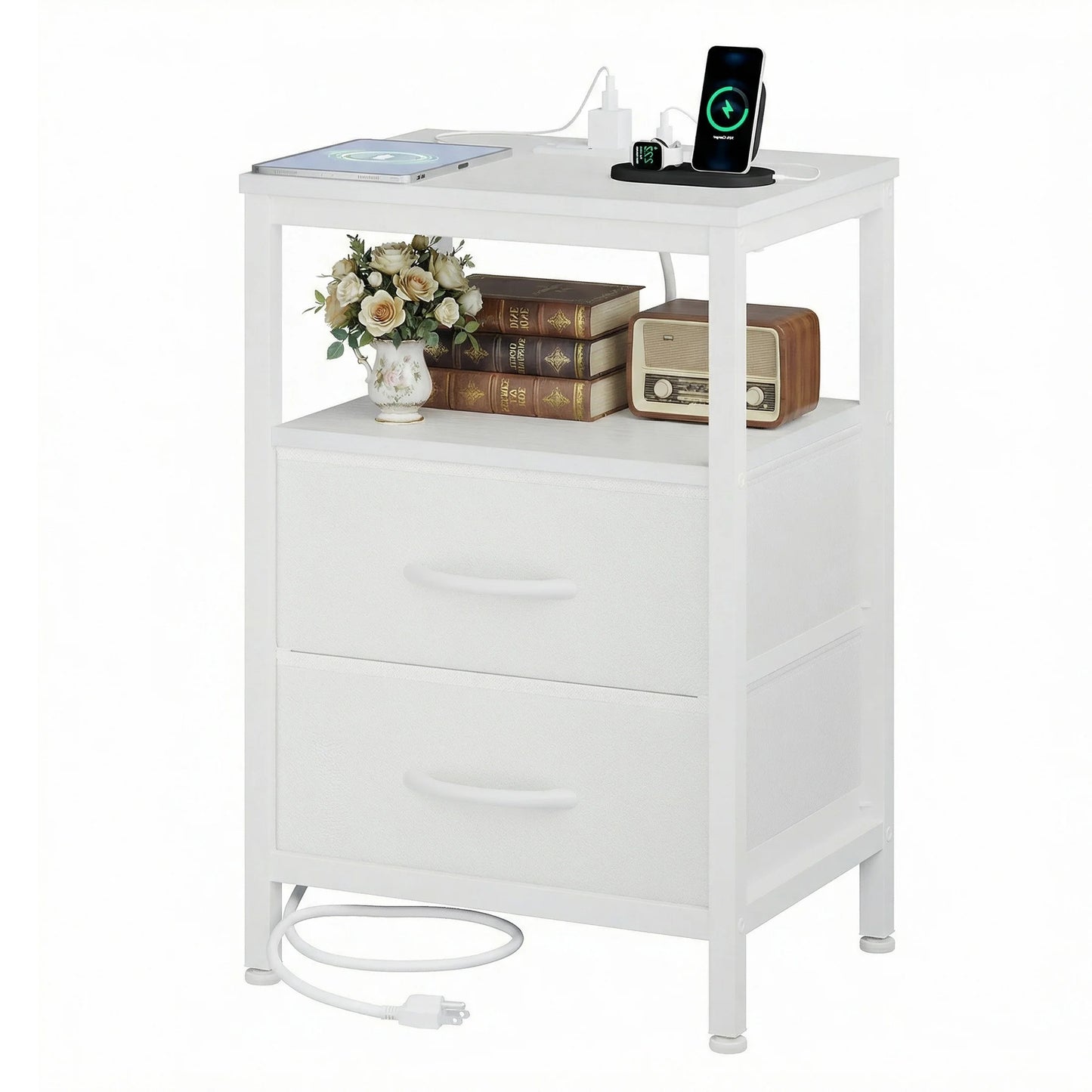 JHK Fabric Drawers Nightstand With USB Charging Station And Shelf