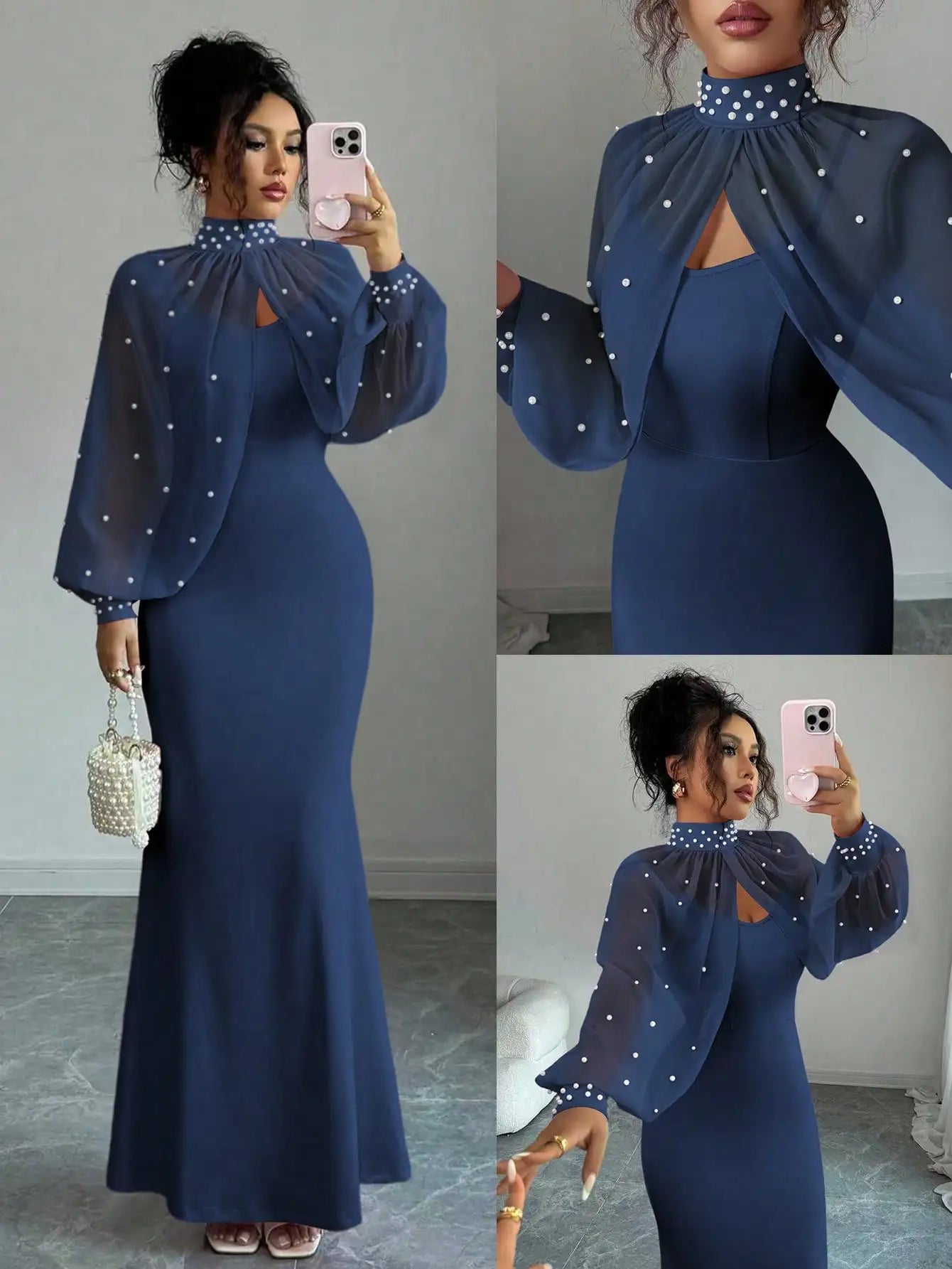 Beaded Cape Sleeve Evening Dress Set With Pearl Overlay