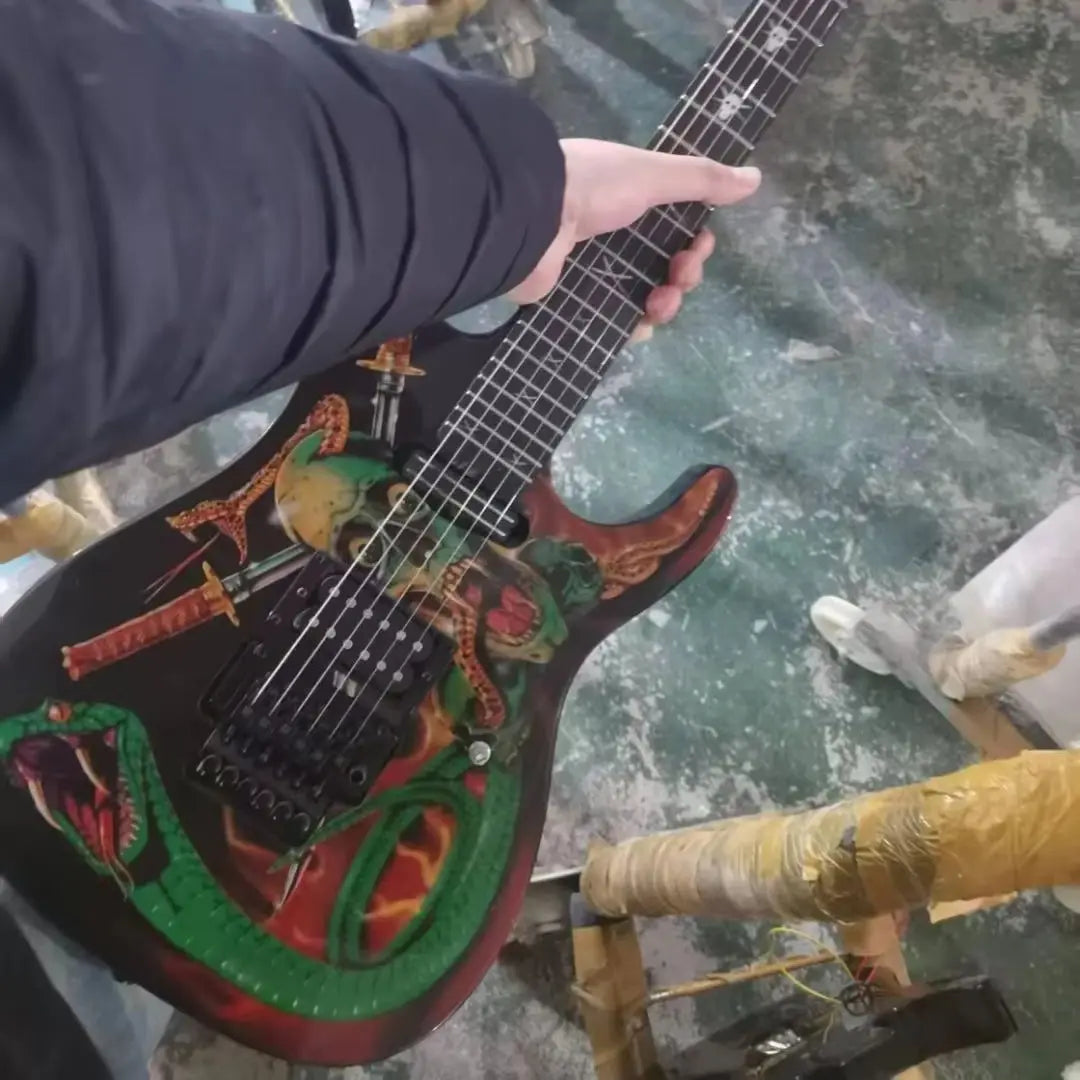 Handmade Green Electric Guitar with Snake Print Panel, 6-series Rock Jazz Style Suitable As A Performance Instrument